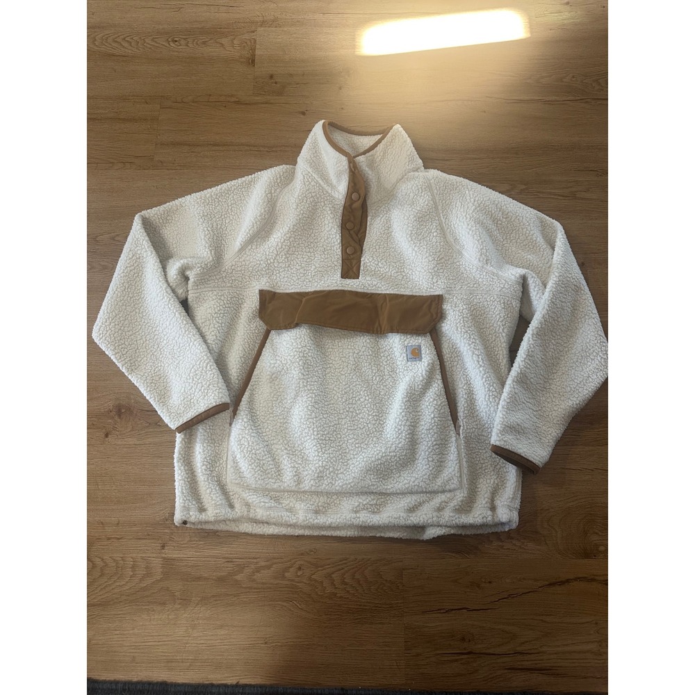 Carhartt Womens XL Sherpa Fleece Pullover Cream Brown Snap Neck Relaxed Fit